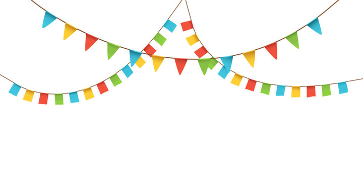 Multiple rows of colorful bunting flags forming festive decoration isolated on light background.