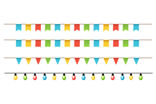 Collection of colorful bunting flags and bulbs arranged in horizontal rows on light background.