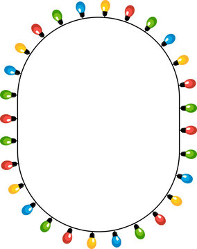 Oval frame made of colorful bulbs on wire isolated on light background.