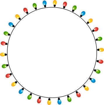 Circular frame made of colorful bulbs on wire isolated on light background.