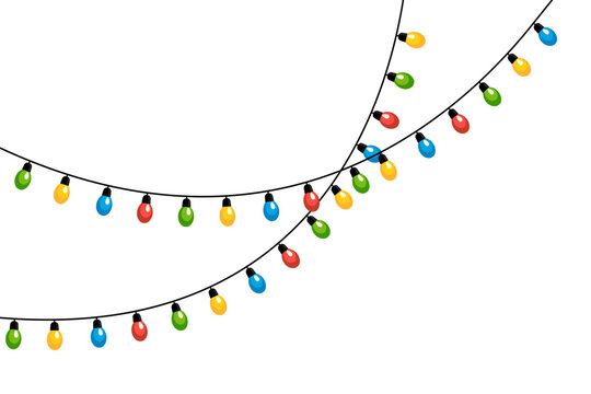 Colorful bulbs on wires crossing each other forming festive decorative composition.