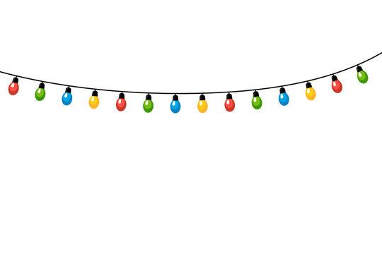Single row of colorful bulbs on wire forming curved decorative border on light background.
