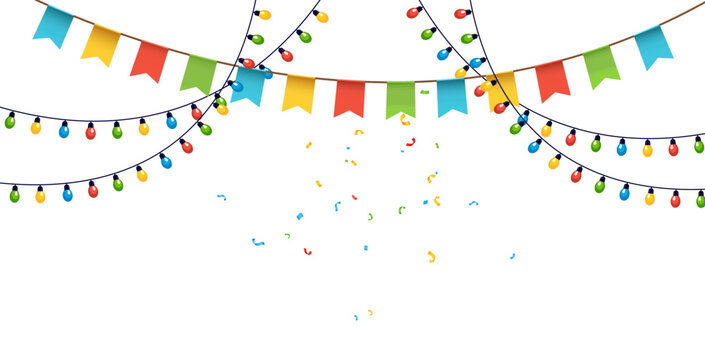 Colorful bunting, bulbs and confetti arranged in layered festive composition on light background.