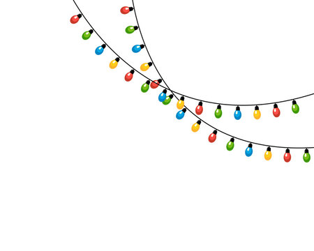 Colorful bulbs on wires crossing in corner forming festive decorative border.
