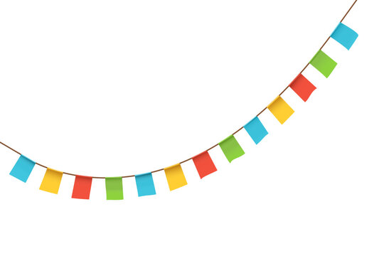 Colorful bunting flags arranged in curved line forming decorative border on light background.
