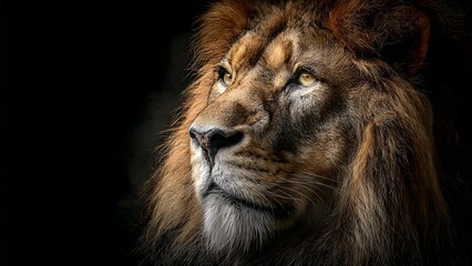 Naklejka premium Majestic Lion Portrait on Dark Background with Intense Gaze