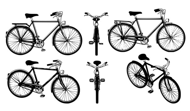 Retro bicycle vector set multiple views side front isometric top 3D