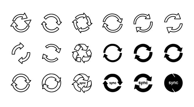 A set of black and white vector graphic icons depicting various recycling and sync symbols in different styles and designs on a white background