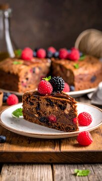 Berry cake slice on plate. Whole cake in background, rustic wood table. Berries & mint garnish