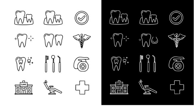 A collection of dental care icons in black and white line art on a white and black background for medical and health related designs