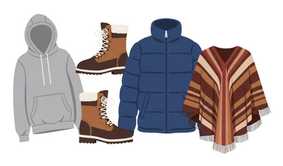 Winter outfit vector set hoodie jacket boots poncho clothing icons © SobujChandra