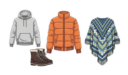 Winter apparel vector set hoodie puffer jacket boots poncho fashion design © SobujChandra