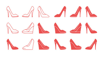 Obraz premium A set of red and white high-heeled shoe icons in various styles arranged in rows on a white background