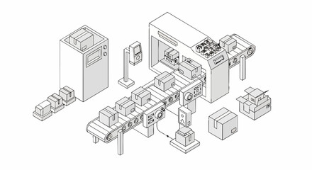 Naklejka premium Automated Factory Conveyor Belt with Boxes Isometric Line Art Illustration for Logistics and Manufacturing Concepts
