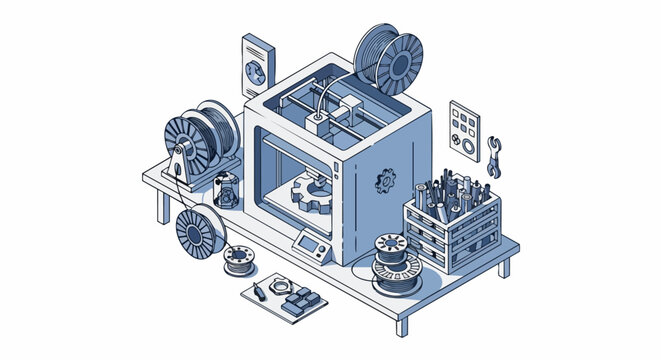 Isometric 3D Printing Workshop Illustration with Desktop 3D Printer, Filament Spools, and Engineering Tools on a White Background