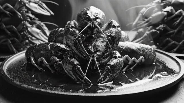 Black and white close up of fresh cooked crawfish on a cast iron pan ready to eat with rising steam and shallow depth of field