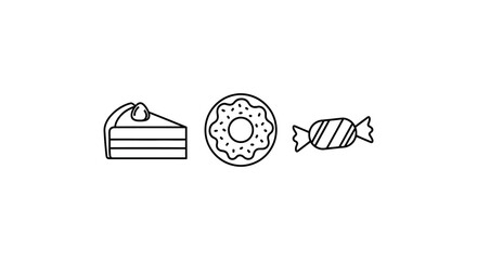 A minimalist arrangement of cake donut and candy presented in a striking black outline silhouette high quality professional detailed modern elegant © CreativeAkash099