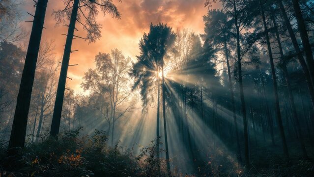 Pine trees casting sun rays through misty morning forest