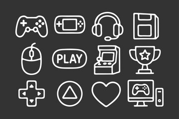 Gaming icons set, white outline on dark background © DzgnVibe