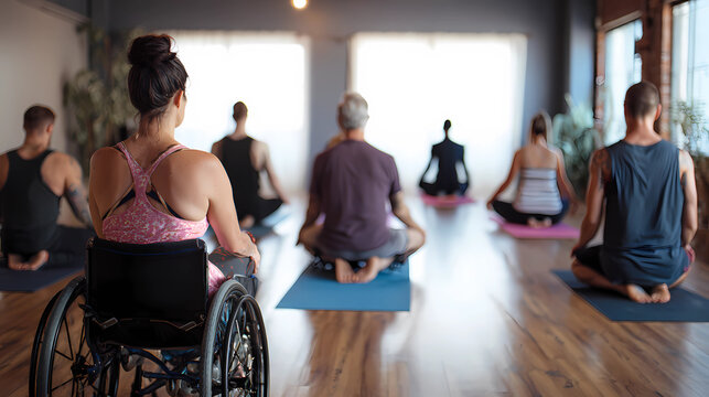 Back view of a diverse yoga class with a wheelchair user in a bright studio, Generative AI illustrations.