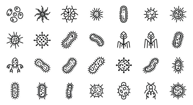 A collection of various microbe and bacteria line icons displayed in a simple minimalist style silhouette high quality professional detailed modern