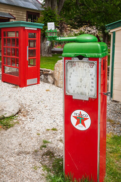 Vintage Texaco petrol pump and telephone booth in Cardrona New Zealand