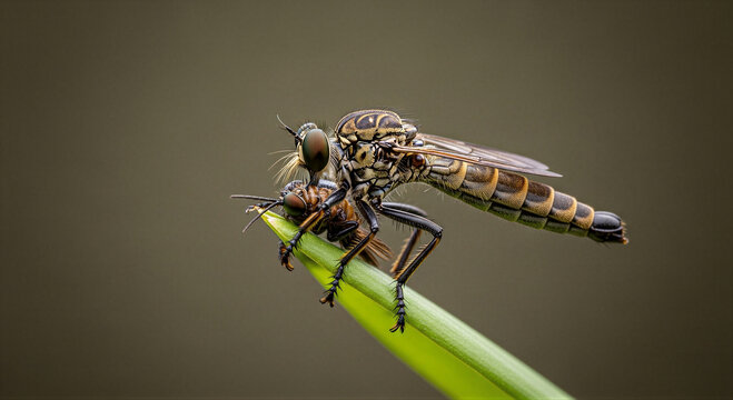 a robber fly perched on a green stem, gripping a captured insect with its powerful legs and proboscis, showcasing its predatory nature against a muted earthy backdrop