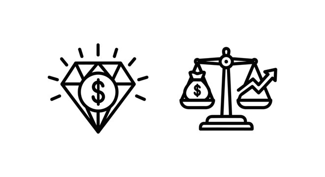 Diamond with dollar sign icon and balance scale with money bags and growing chart icon proportion analysis business investment currency weighing comparison increase strategy decision
