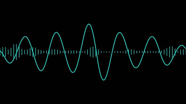 Oscillating Audio Waveform With Vertical Equalizer Bars And Dots. Thin Blue Lines Isolated On Black Background. Animation For Voice Visualizer Or Soundtrack Interface