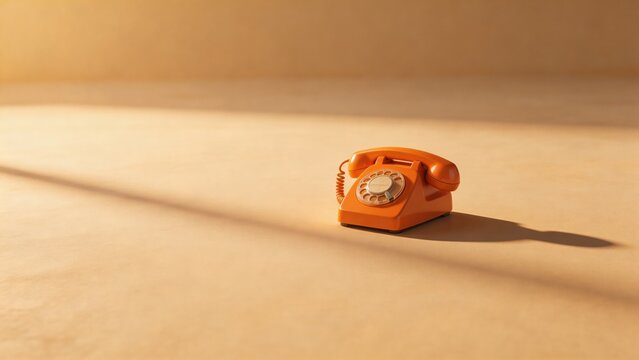 A single vintage orange rotary phone is placed on a plain beige background with a warm light source casting a long shadow, creating a visually appealing and artistic still life composition.