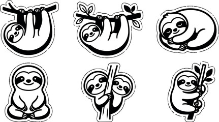 Fototapeta premium Six cute sloths in various poses hanging and sitting
