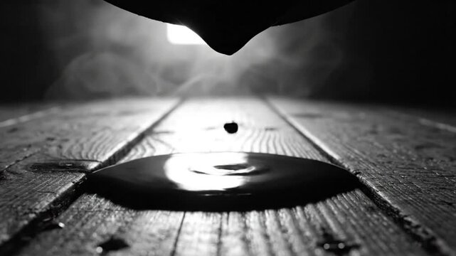 Black Liquid Dripping from Above onto Wooden Surface in a Mysterious and Dark Environment