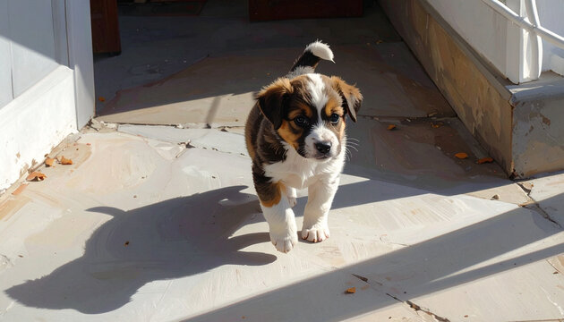 Puppy walking towards camera in sunlight