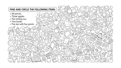 Obraz premium Find and Circle: An engaging find and circle puzzle challenges observers to locate hidden objects within a densely illustrated landscape of everyday items. 