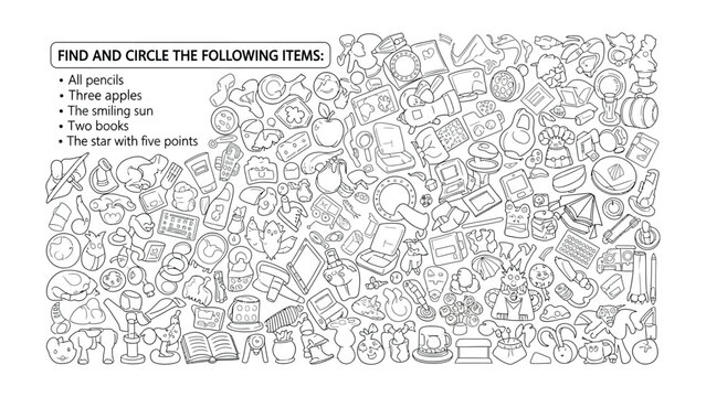 Find and Circle: An engaging find and circle puzzle challenges observers to locate hidden objects within a densely illustrated landscape of everyday items. 