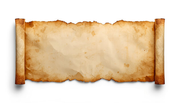 An aged, unfurled scroll made of parchment paper with burnt, irregular edges rests horizontally on a white background.