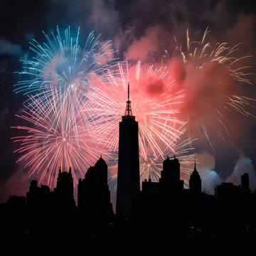 A stunning fireworks display illuminates the night sky behind the iconic New York City skyline, featuring the Empire State Building. The vibrant colors and patterns create a festive atmosphere