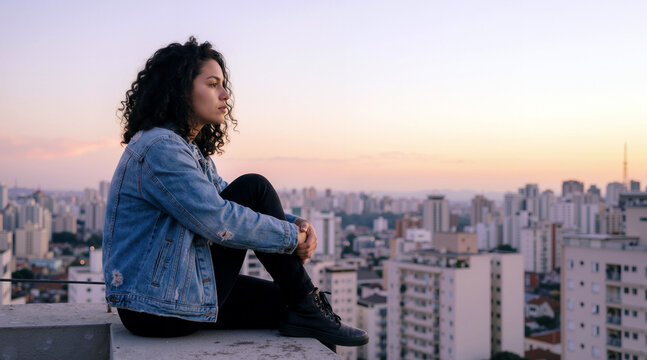 A pensive young woman with curly hair sits on a rooftop ledge at sunset, gazing thoughtfully over a vast city skyline, wearing a denim jacket and black casual attire. Urban solitude concept