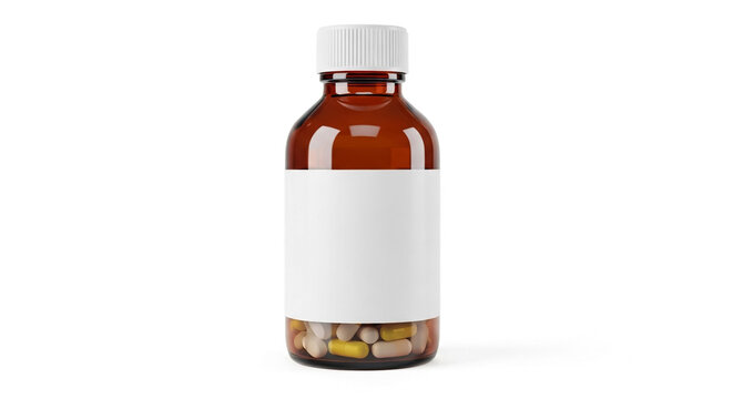 A small amber glass medicine bottle with a white cap is filled with various pills and rests on a white background.
