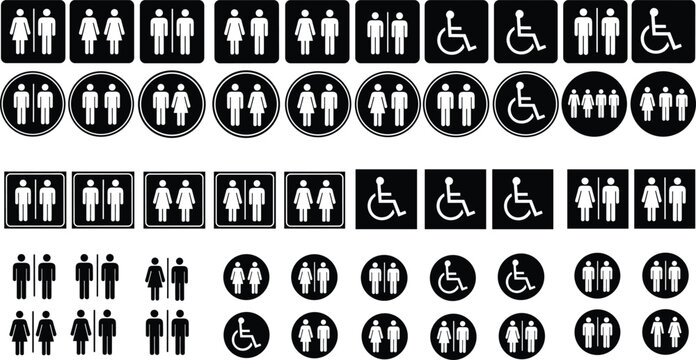 Large collection of public restroom sign icons featuring male female and handicap symbols for navigation wayfinding and building facility management.