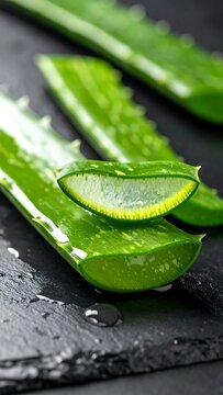 Sliced aloe vera plant on a textured dark surface. Close-up of succulent with green leaves