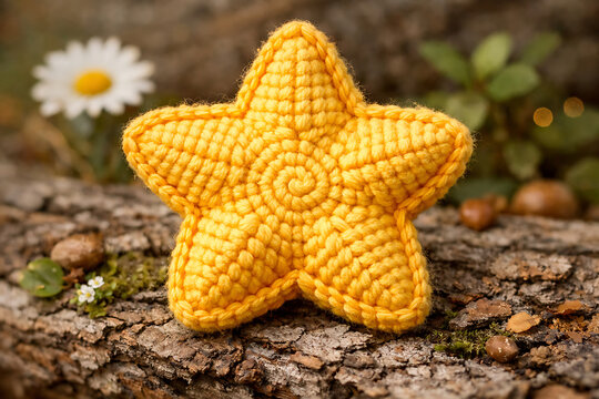 Yellow crochet star on tree trunk with daisy background starfish crochet handmade yellow star