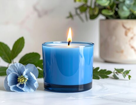 Blue candle burning brightly on marble, plant accents add calm