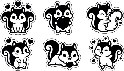 Obraz premium Black and white cute squirrel line art collection with hearts