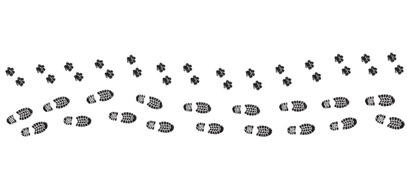 Black icon symbol vector illustration of men's boots footprint next to dog footprints on panoramic background, celebrating dog as human best friend