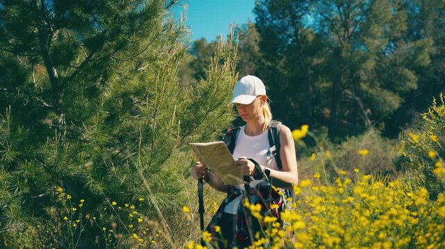 Female traveler using  paper map to find direction during mountain adventure, representing navigation, planning, decision making and being lost in nature. Concept of exploration, survival, focus