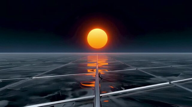 Glowing sun over reflective grid surface with strong perspective lines leading to horizon under dark sky and vivid contrast lighting
