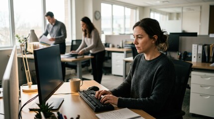 Fototapeta premium Serene early morning medium shot in claims center showing focused employee typing claim details with out of focus coworkers preparing for the day.