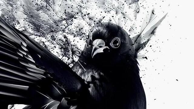 Stunning black and white animation of a pigeon turning its head and dissolving into a cloud of feathers and particles, isolated on a clean white background for a dramatic, conceptual effect