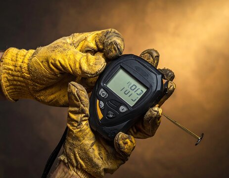 Gloved hands hold digital gauge. Display reads 101.7. Black & yellow device, brown background